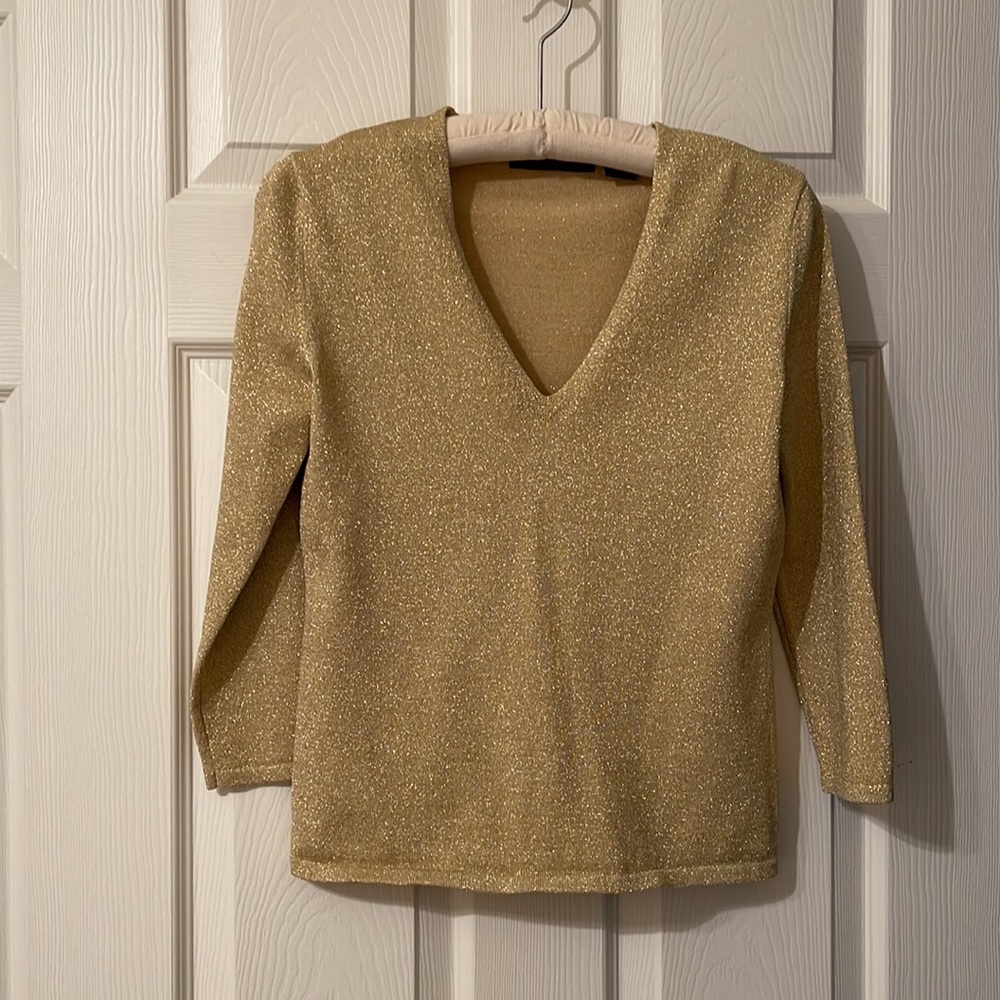 Express Stretch Gold Metallic Size Medium V Neck Top